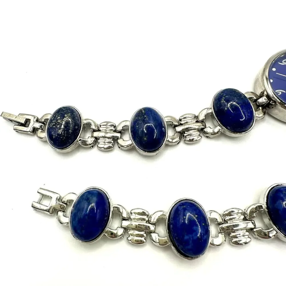 Strada silver tone genuine blue lapis lazuli quartz ladies watch bracelet set